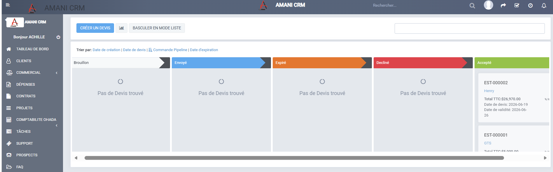 Gestion des devis AMANI CRM